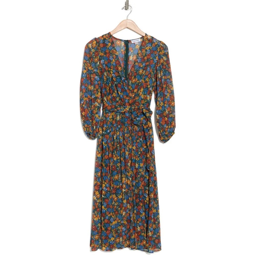 Surplice‎ Neck Three-Quarter Sleeve Floral Print Faux Wrap Midi Dress Sz 8 - Picture 2 of 14